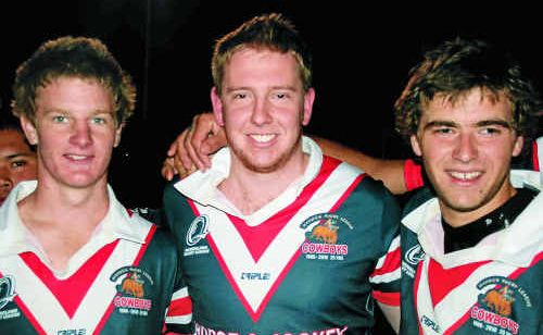 Warwick reserve grade players Scott Fisher, Jimmy Cochrane and Nugget Locke come off the field ecstatic after their 26-14 win against Gatton. Warwick reserve grade players Scott Fisher, Jimmy Cochrane and Nugget Locke come off the field ecstatic after their 26-14 win against Gatton.
